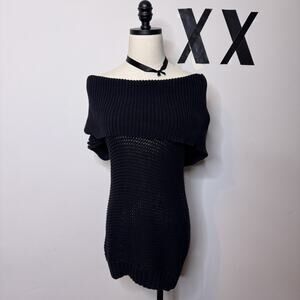 Vintage GUESS Black Off the Shoulder Mini Sweater Dress Chunky Knit Goth Y2K S